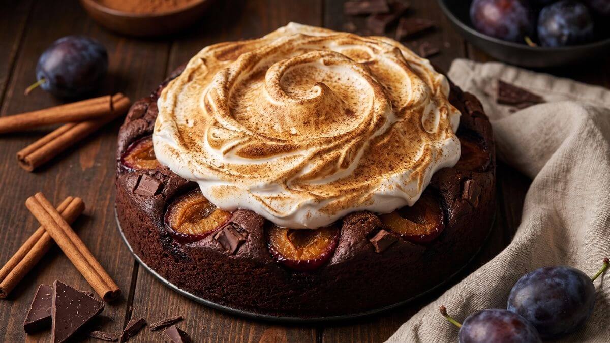 En klassisk svampet chokoladekage Sponge cake med sveskeblommer pålagt og kanelmarengs på toppen
