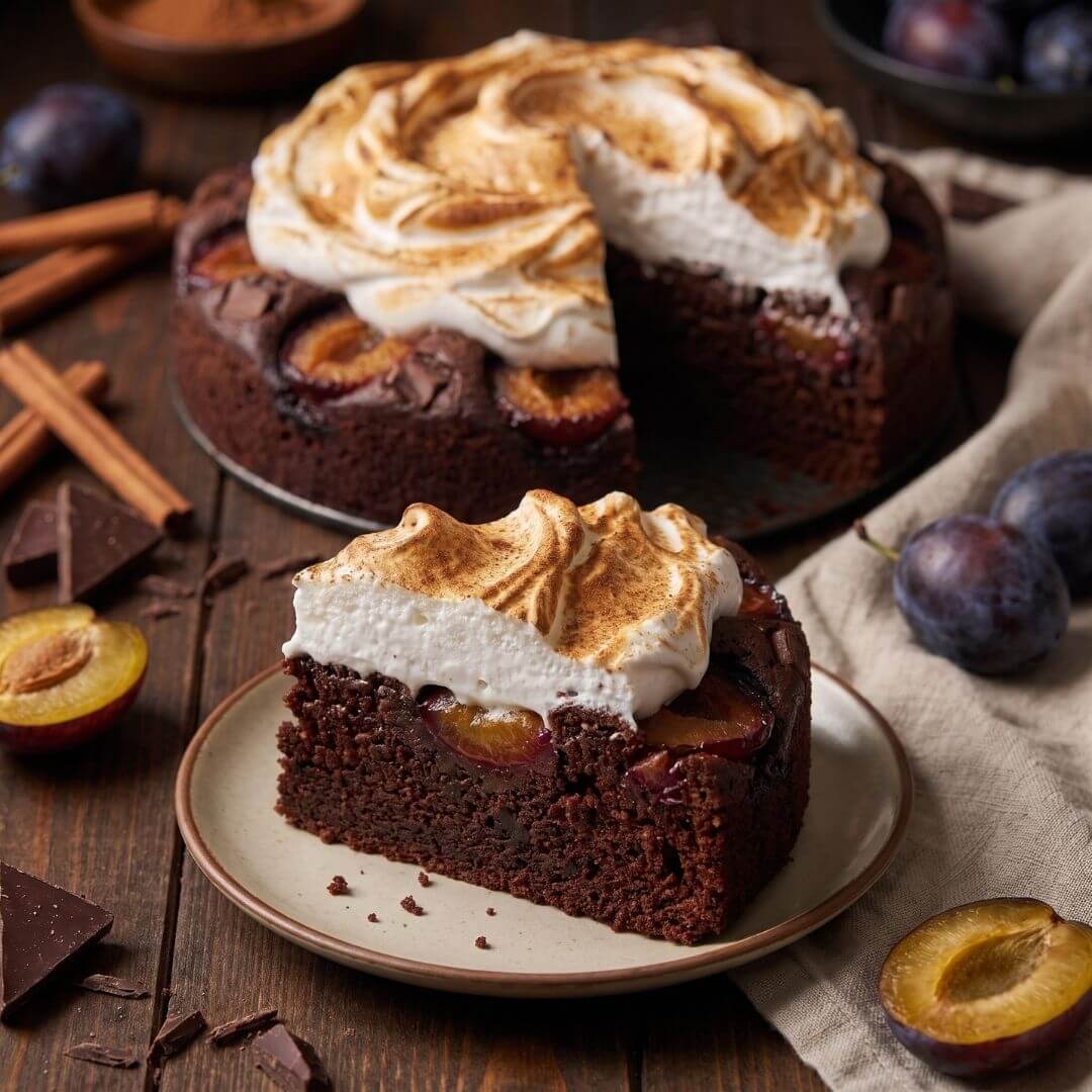 Bolo de chocolate com ameixas roxas e merengue de canela na Airfryer