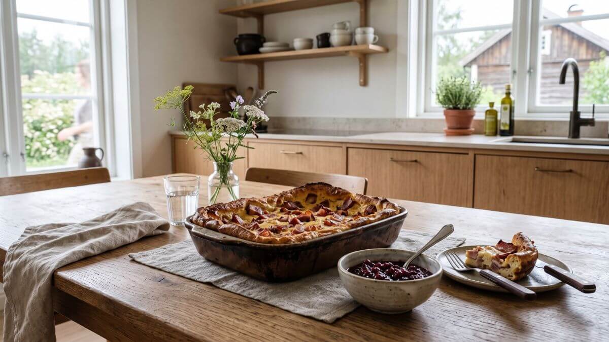 En tyk pandekage bagt i ovnfastfad i airfryer med bacon i.