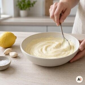 Aioli røres glat med hvidløg og citron i mit airfryer-køkken.