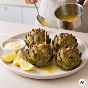 Varme artiskokker dryppes med smør og serveres med aioli og citron i mit airfryer-køkken.
