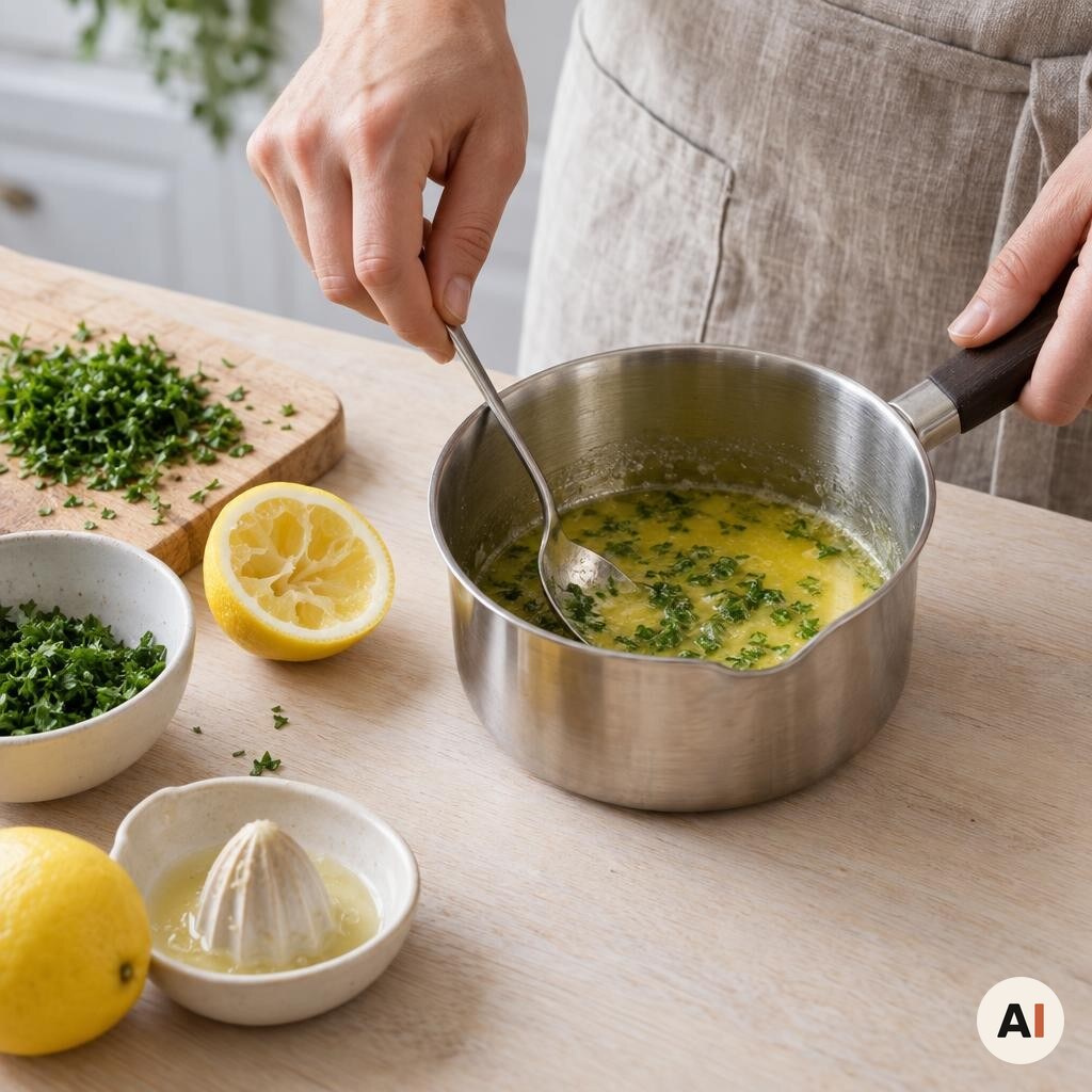 Smør smeltes med citronsaft og persille i mit airfryer-køkken.