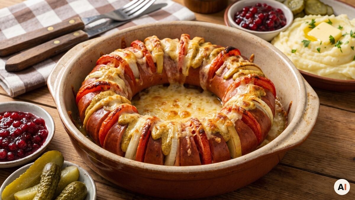 Falukorv rellena de tomate, cebolla y manzana con queso fundido dorado