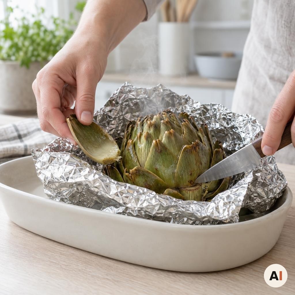En artiskok kontrolleres med et blad og en kniv efter bagning i min airfryer.