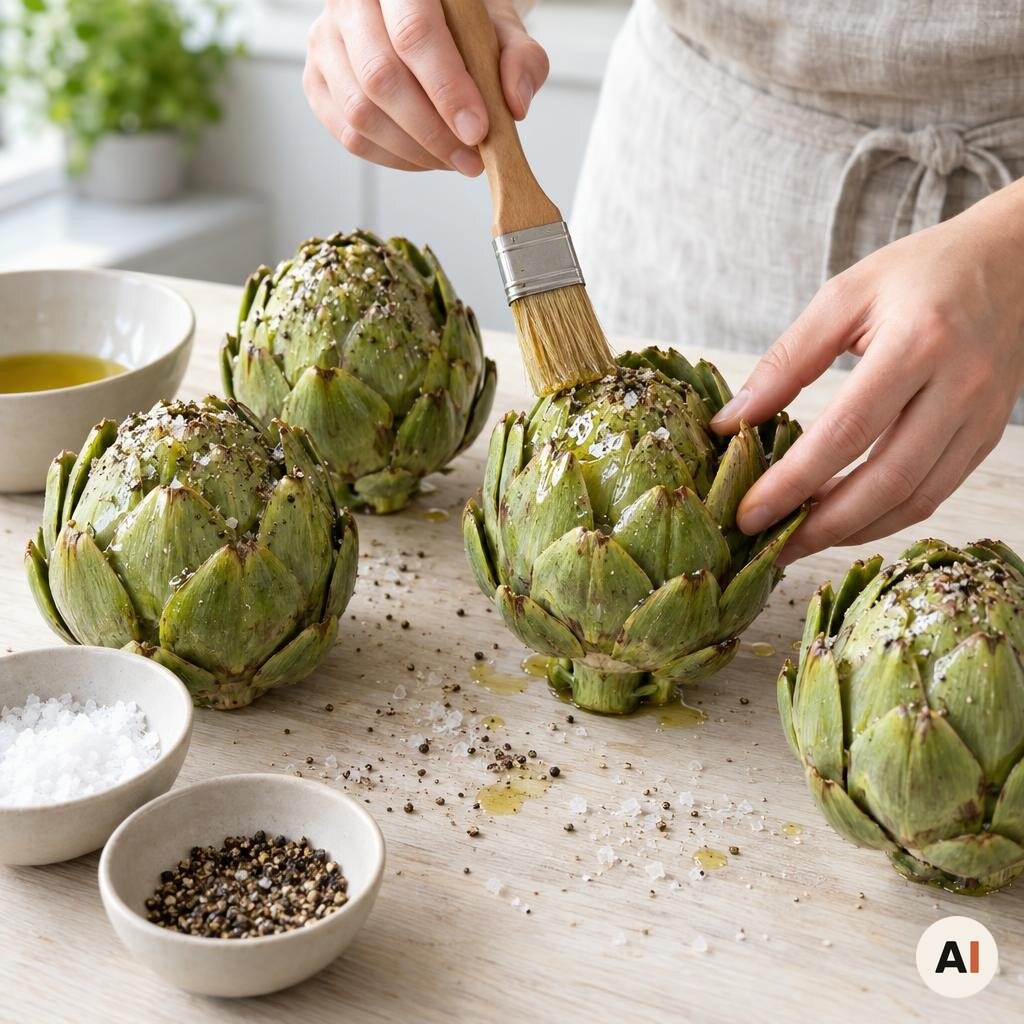 Artiskokker pensles med olie og krydres mellem bladene i mit airfryer-køkken.