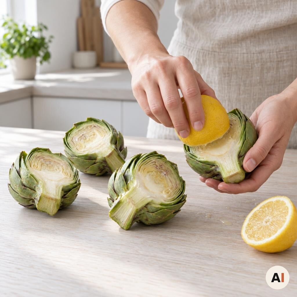Snitfladerne på artiskokkerne gnides med citron i mit airfryer-køkken.
