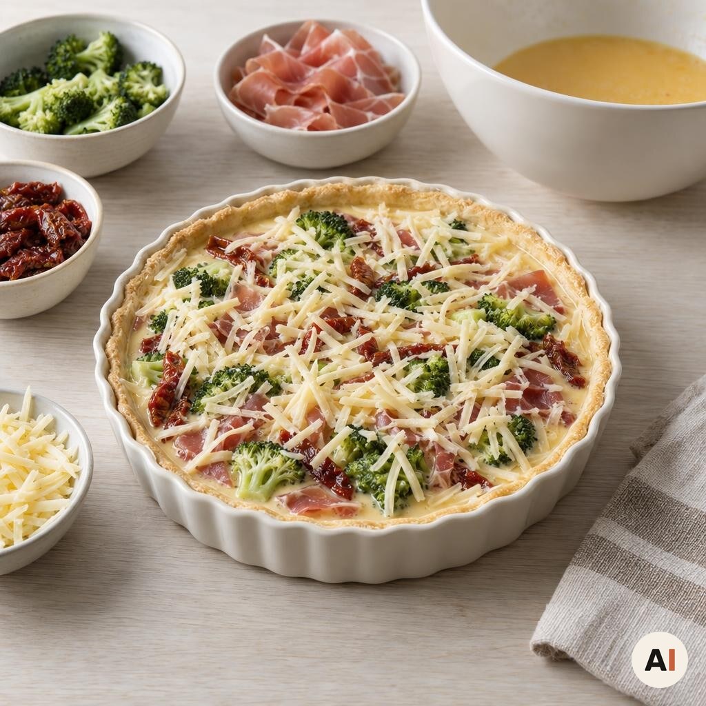 Broccoli, parmaskinke, soltørrede tomater, æggemasse og ost fordeles i tærtebunden