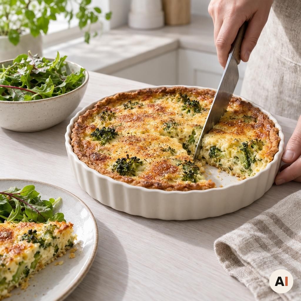 Broccolitærten hviler, skæres i stykker og serveres lun med grøn salat