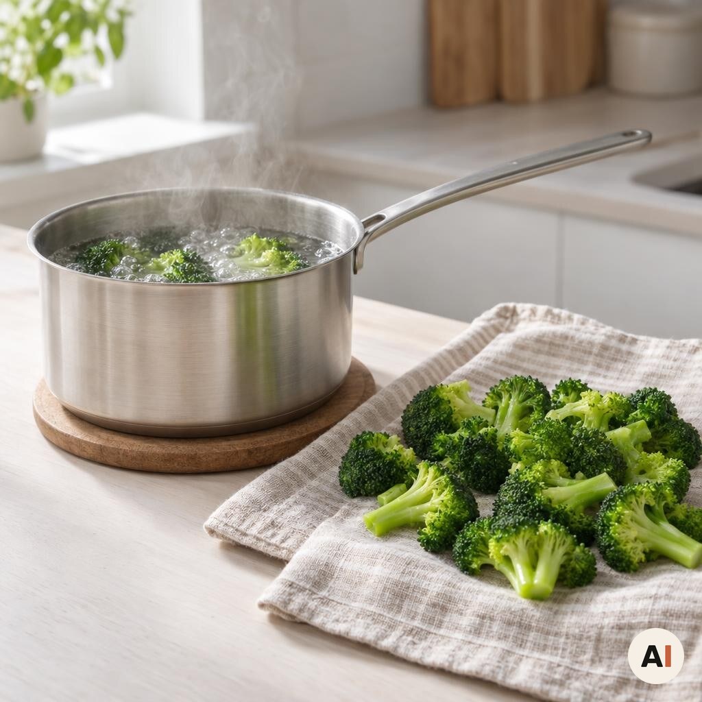 Broccoli blancheres og drypper af på et viskestykke