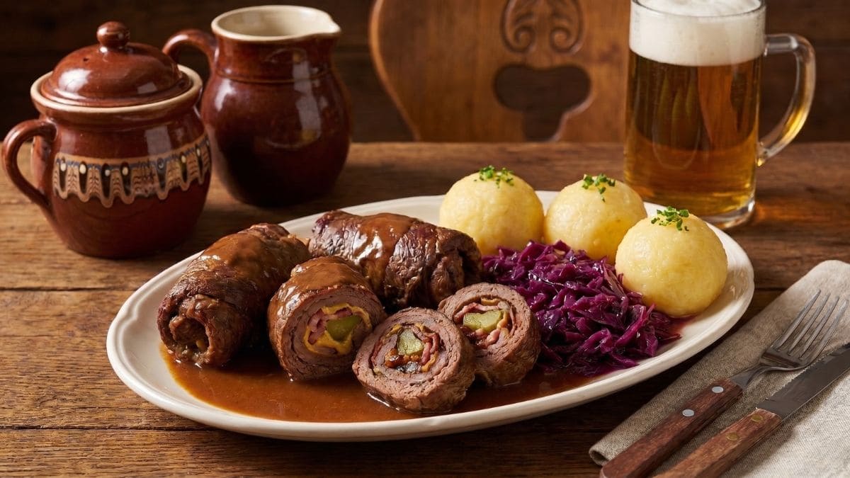 Traditionelle tyske okseruller, kaldet Rinderrouladen, er fyldt med sennep, bacon og syltede agurker. Serveres med brun sauce og hvide kogte kartofler.