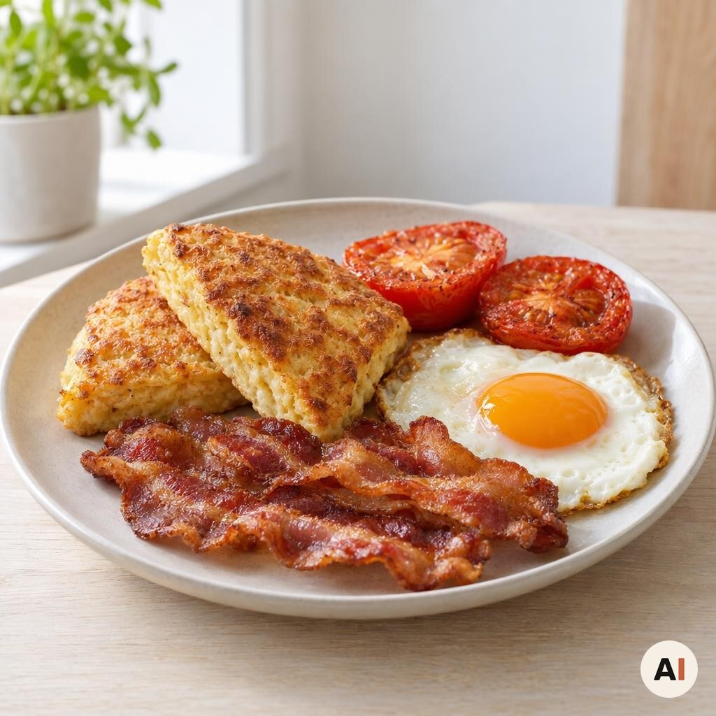 Lune kartoffelscones serveres med bacon, æg og stegte tomater i mit airfryer-køkken
