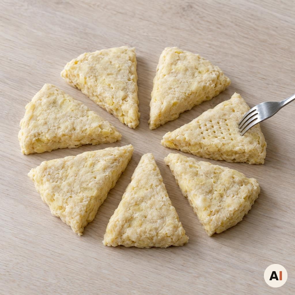 Otte rå kartoffelscones prikkes med en gaffel i mit airfryer-køkken