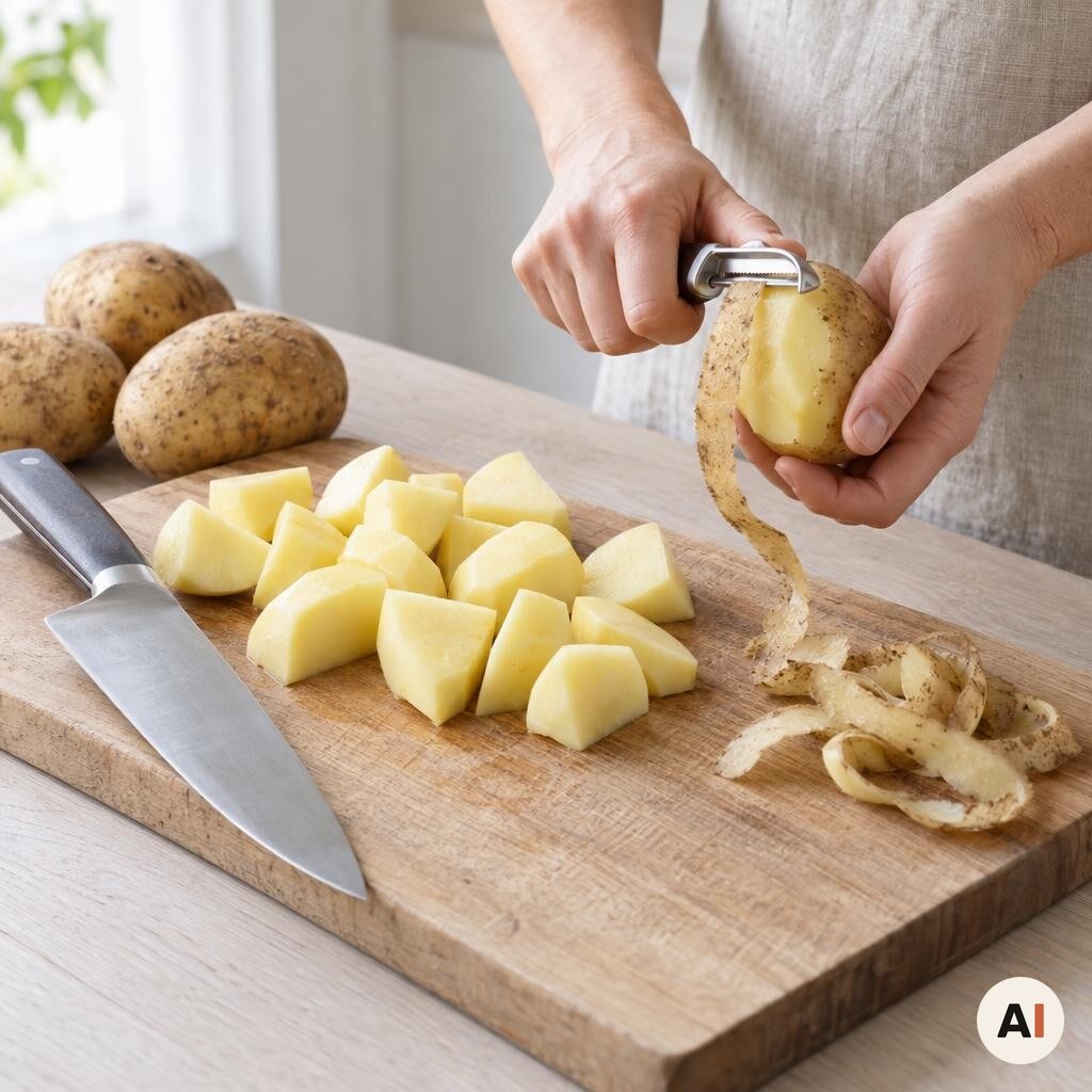 Kartofler skrælles og skæres i grove stykker i mit airfryer-køkken