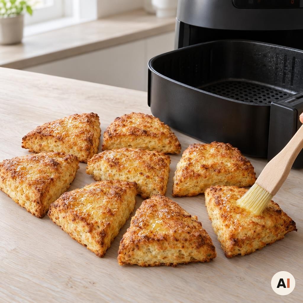 Varme scones pensles med smør lige efter tilberedning i min airfryer