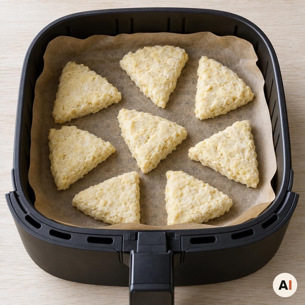 Rå scones ligger i ét lag på bagepapir i min airfryer