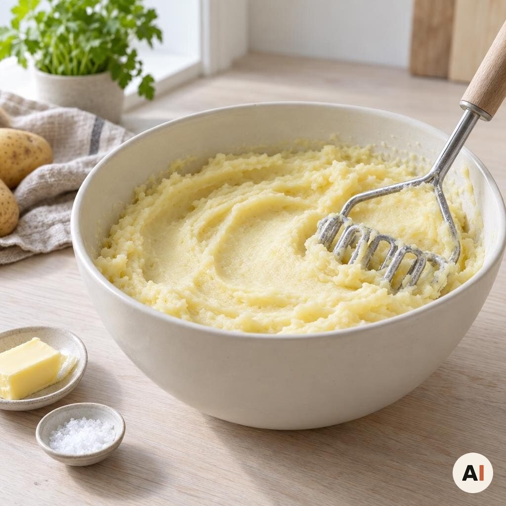 Glat kartoffelmos med smør i en keramisk skål i mit airfryer-køkken