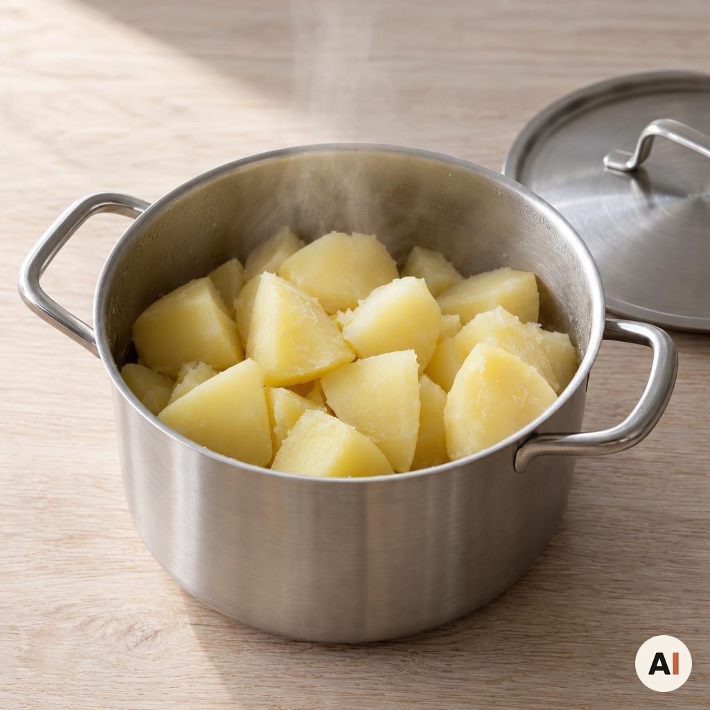 Kogte kartofler damper af i en gryde i mit airfryer-køkken