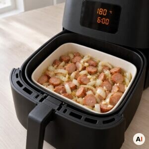 Pølseskiver, løg og hvidløg svitses i min airfryer