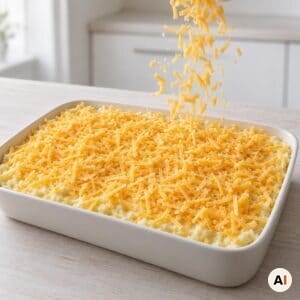 Revet cheddar fordeles over kartoffelmosen
