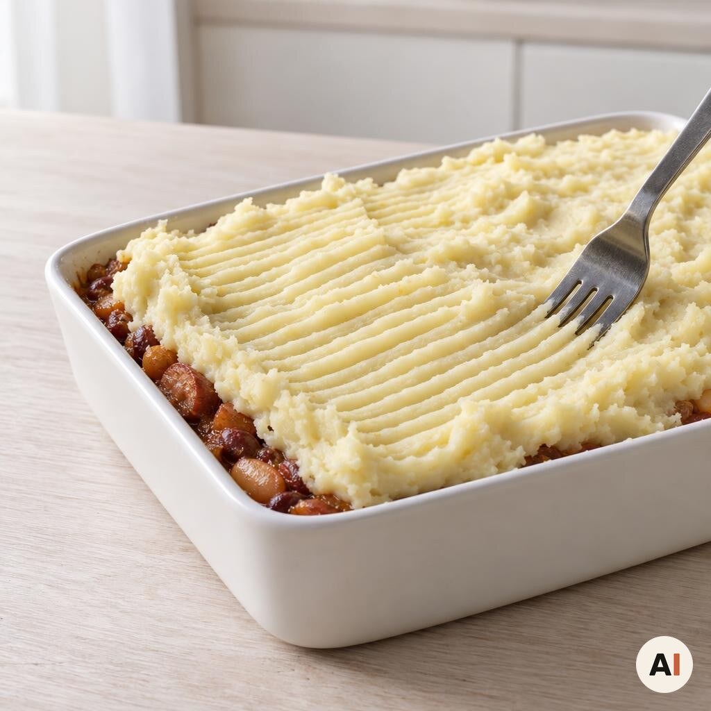 Kartoffelmos lægges over fyldet og rilles med en gaffel