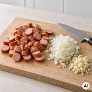 Grillpølser, løg og hvidløg skæres og hakkes