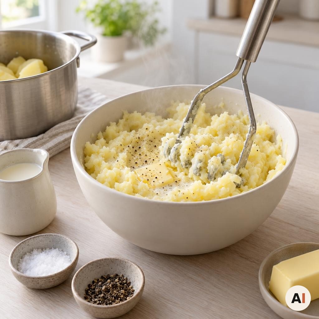 Cremet kartoffelmos røres med smør og mælk