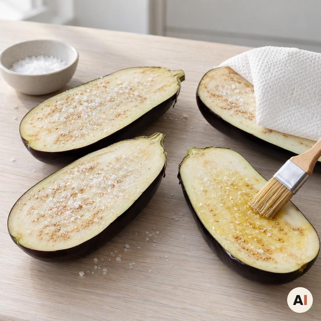 Auberginehalvdele saltes, tørres og pensles med olivenolie