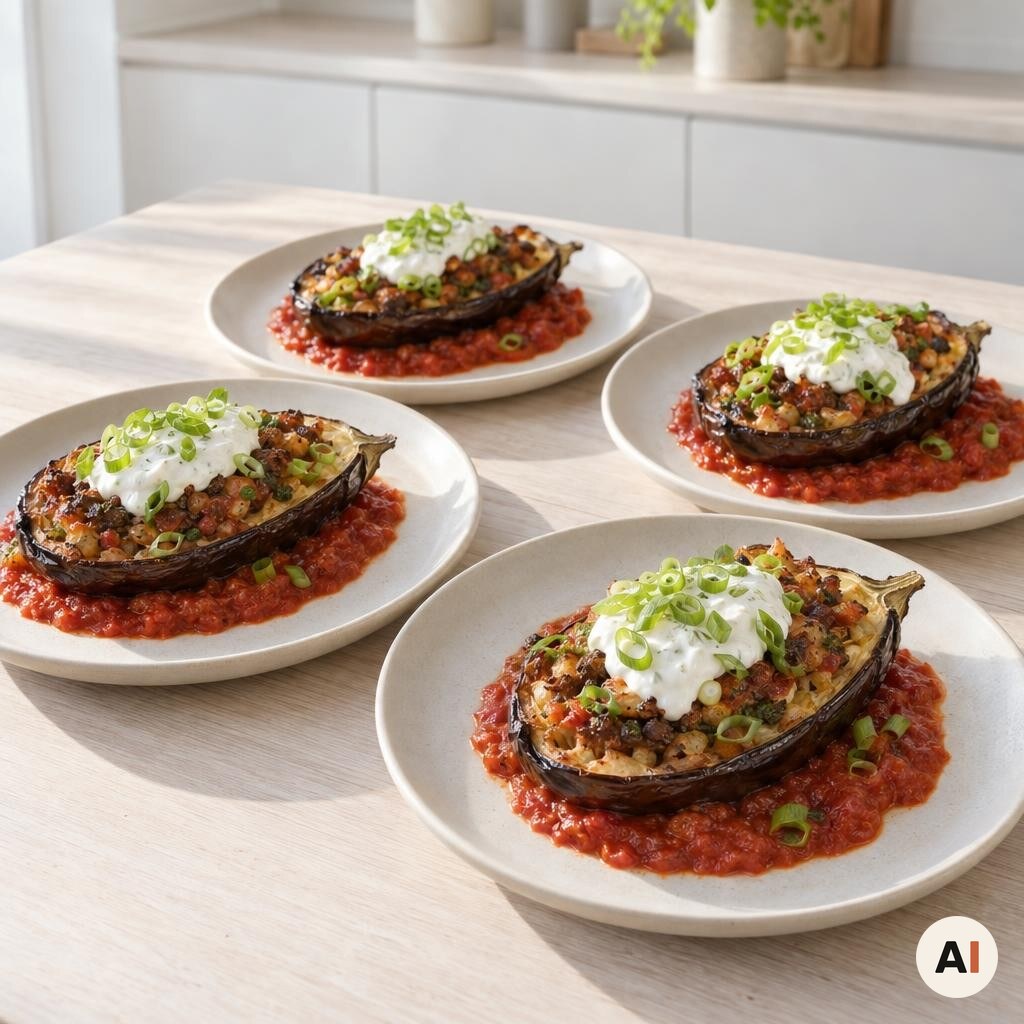 Karniyarik serveres på tallerkener med tomatsauce og hvidløgsyoghurt