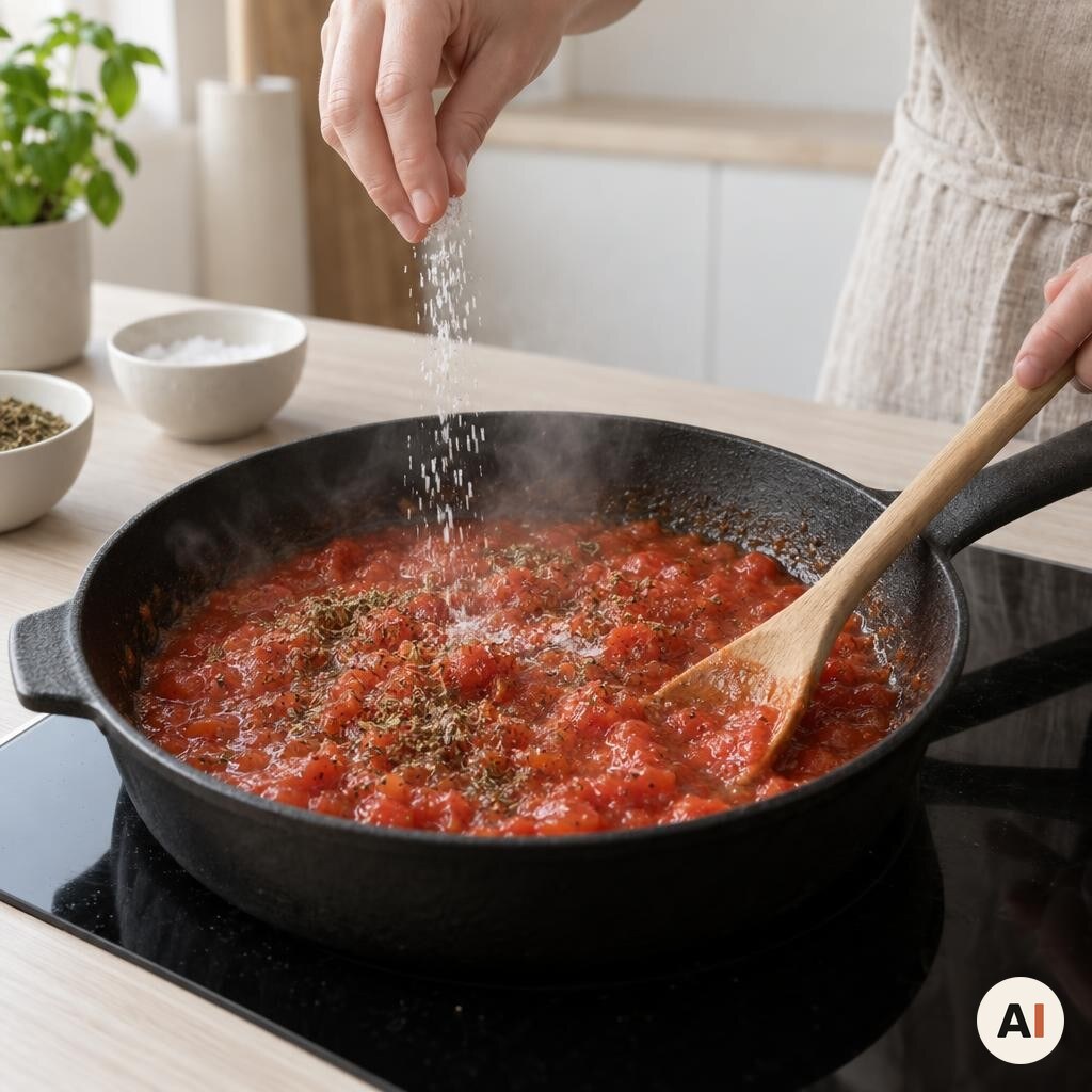 Tomatsauce med oregano simrer og tykner i panden