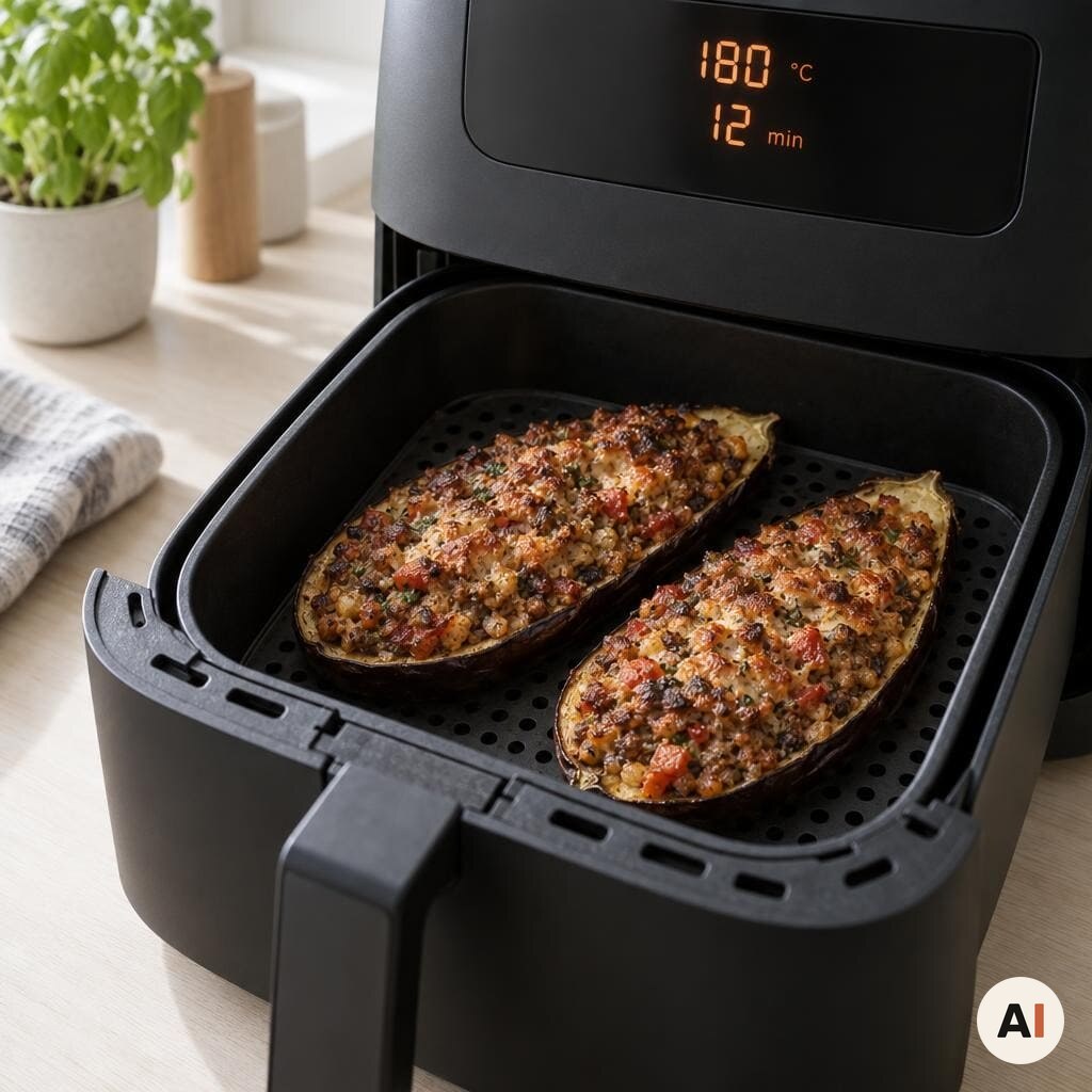 Fyldte auberginer bages videre i min airfryer ved 180 grader