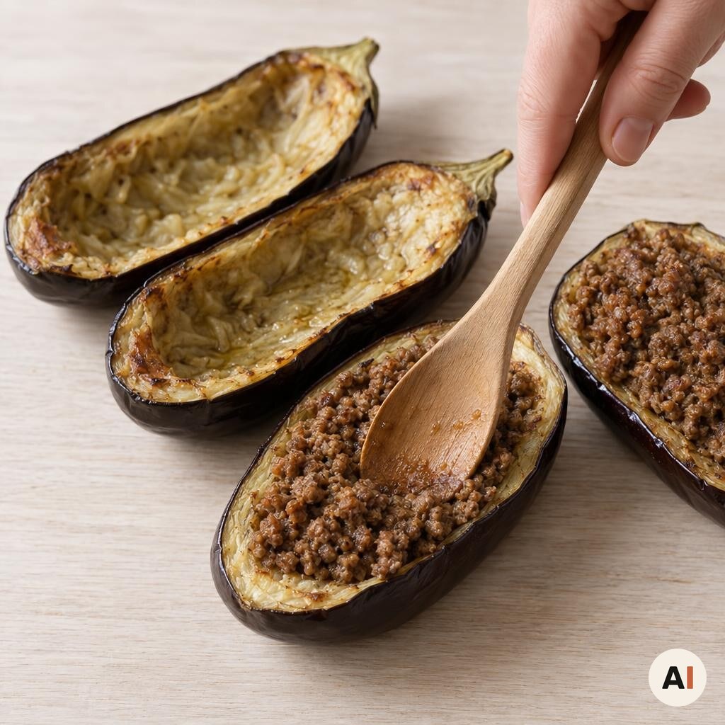 Bagte auberginehalvdele fyldes med krydret lammefyld