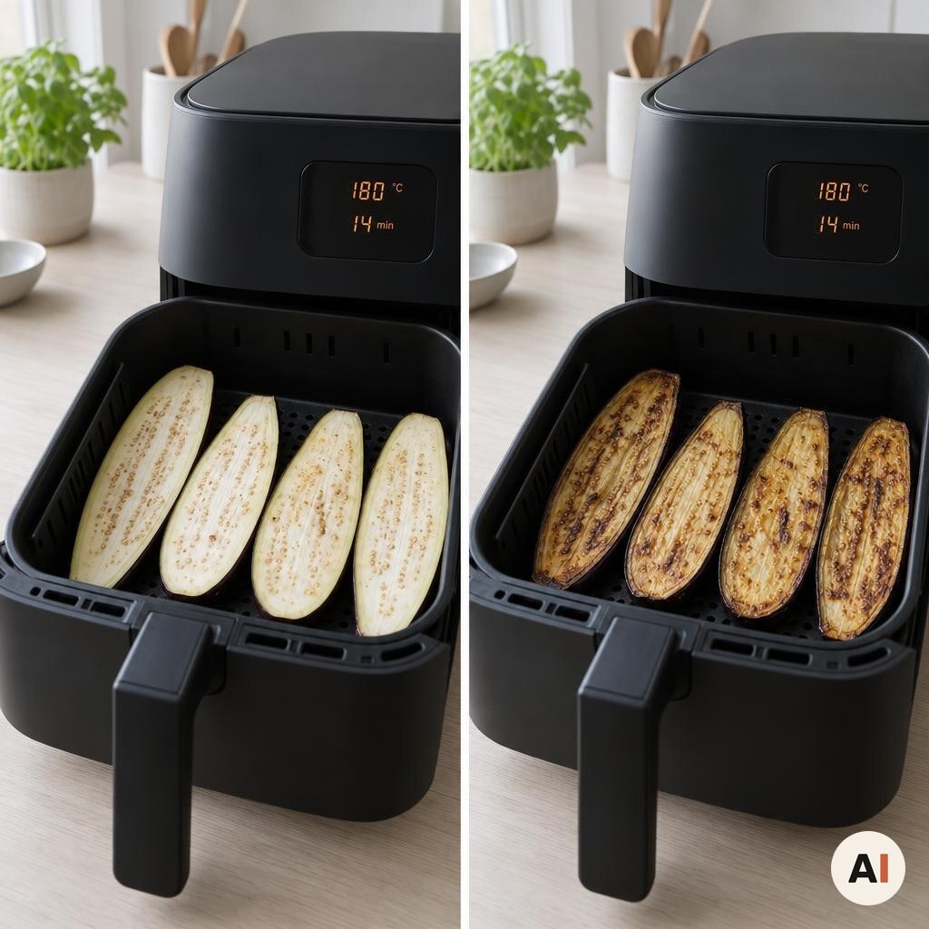 Auberginehalvdele bages med snitfladen opad i min airfryer ved 180 grader
