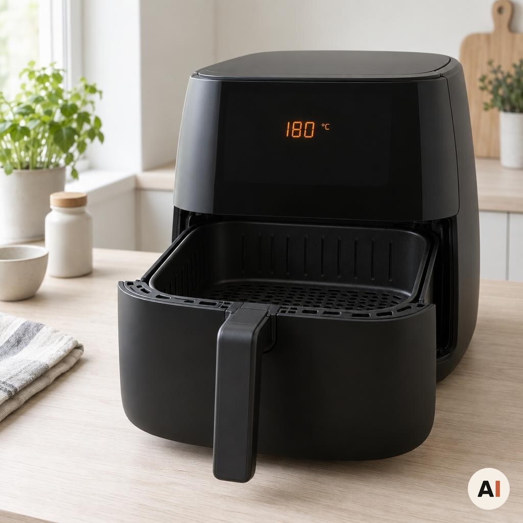 En mat sort airfryer forvarmes til 180 grader
