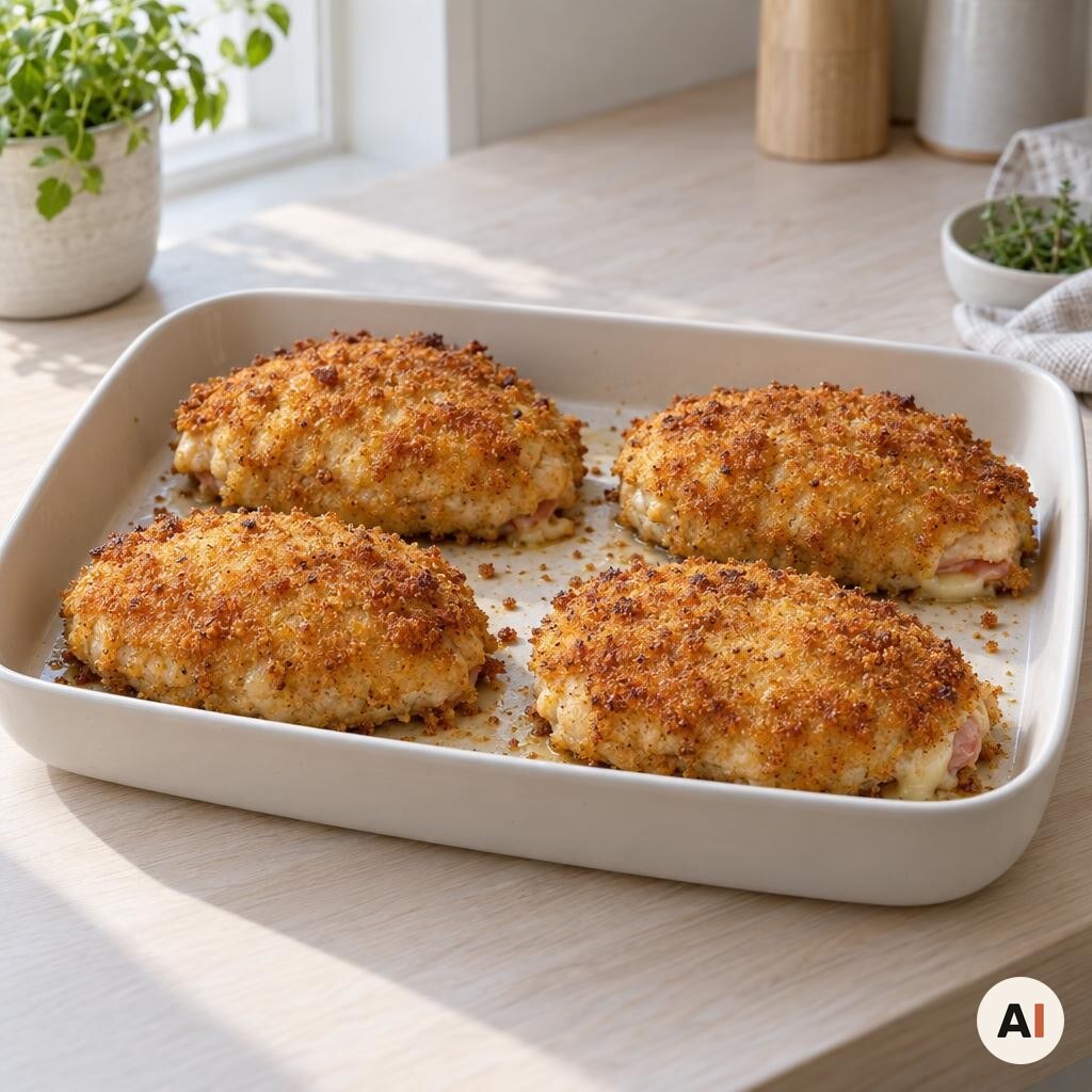 Færdig Cordon Bleu hviler et par minutter i et fad før servering