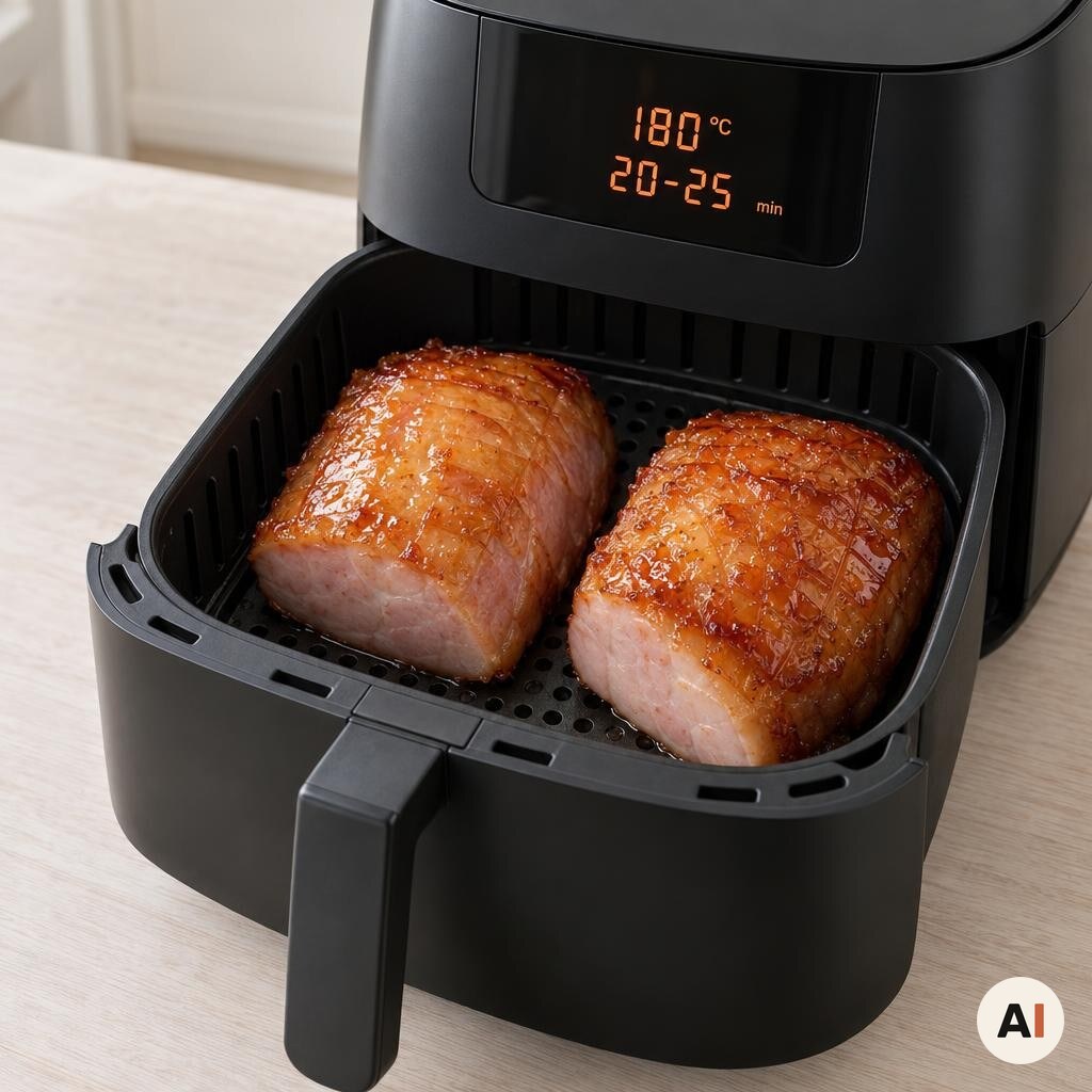 Glaseret skinke og hamburgerryg tilberedes i min airfryer ved 180 grader