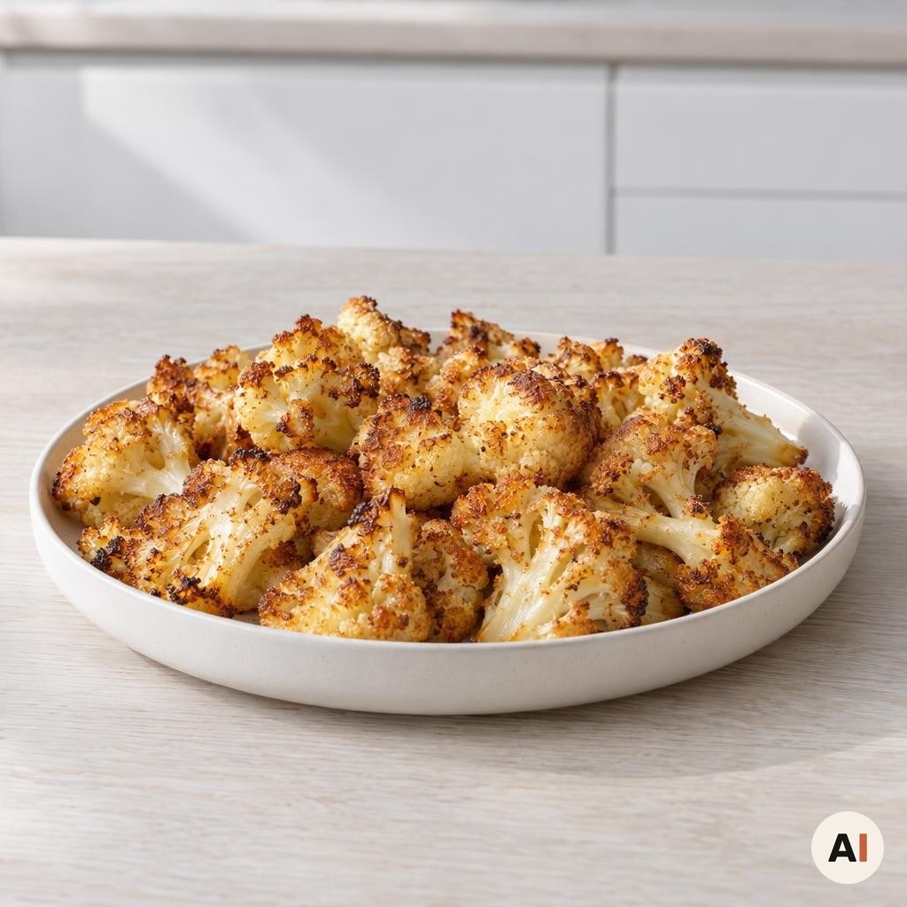 Sprød bagt blomkål hviler på et fad og serveres som tilbehør fra min airfryer