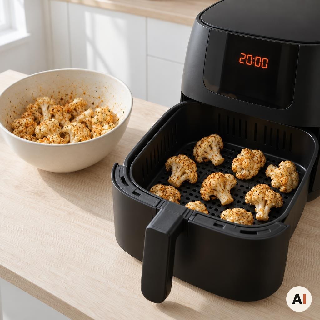 Krydrede blomkålsbuketter lægges med afstand i min airfryer