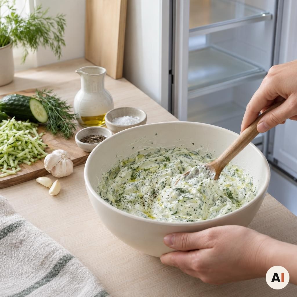 Tzatziki blandes i en skål, før den sættes på køl