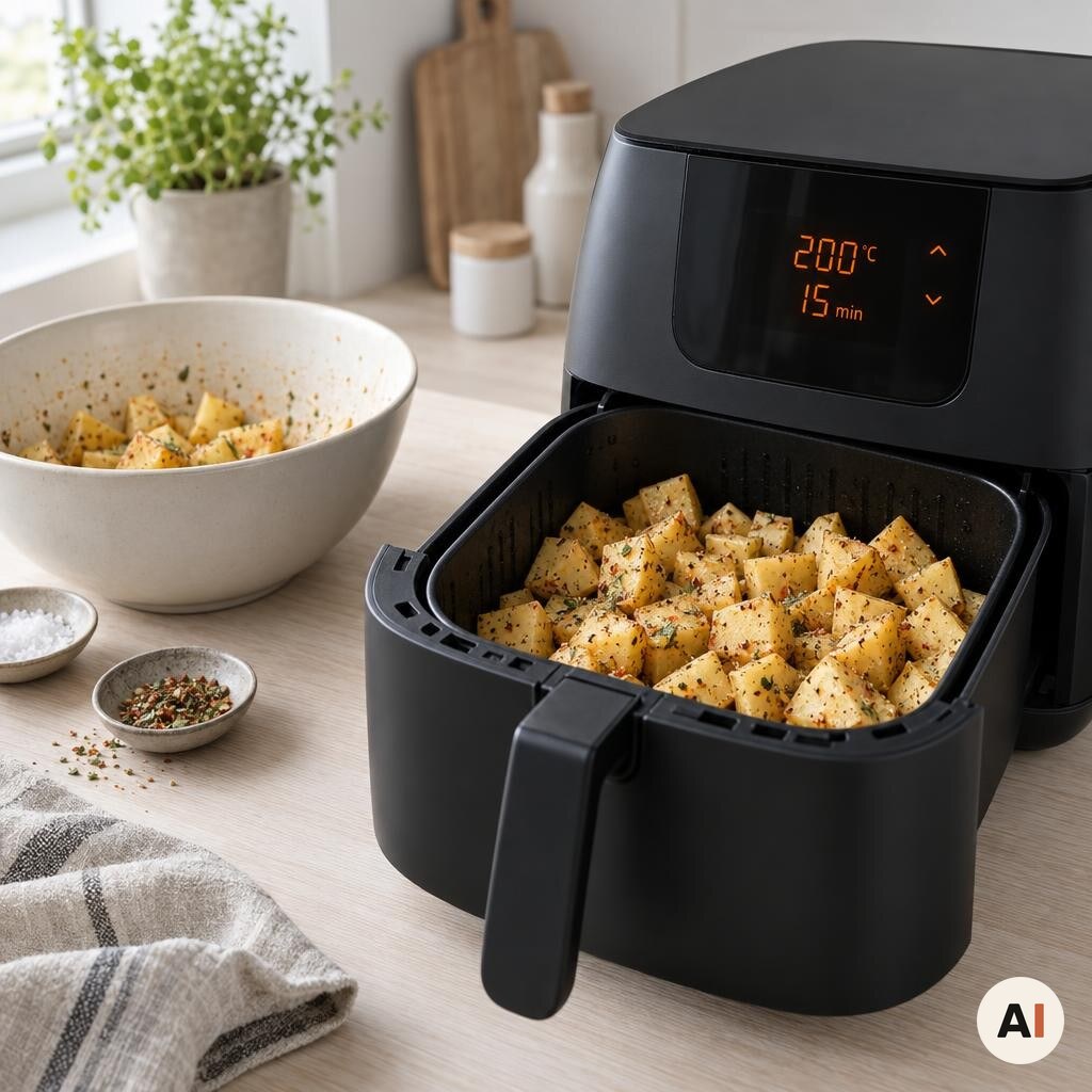 Krydrede kartoffeltern steges i min airfryer ved 200 grader