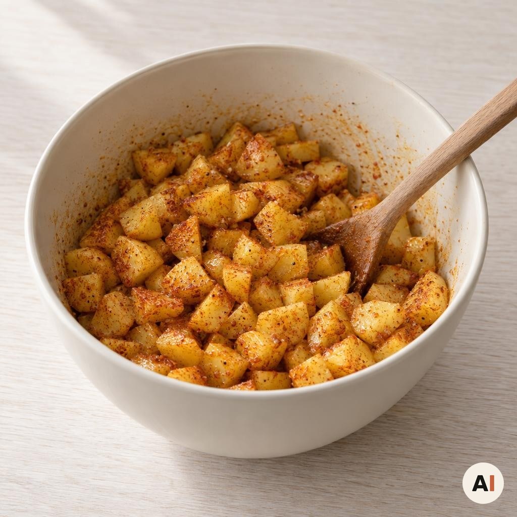 Kartoffeltern blandes med krydderier og lidt olivenolie i en skål