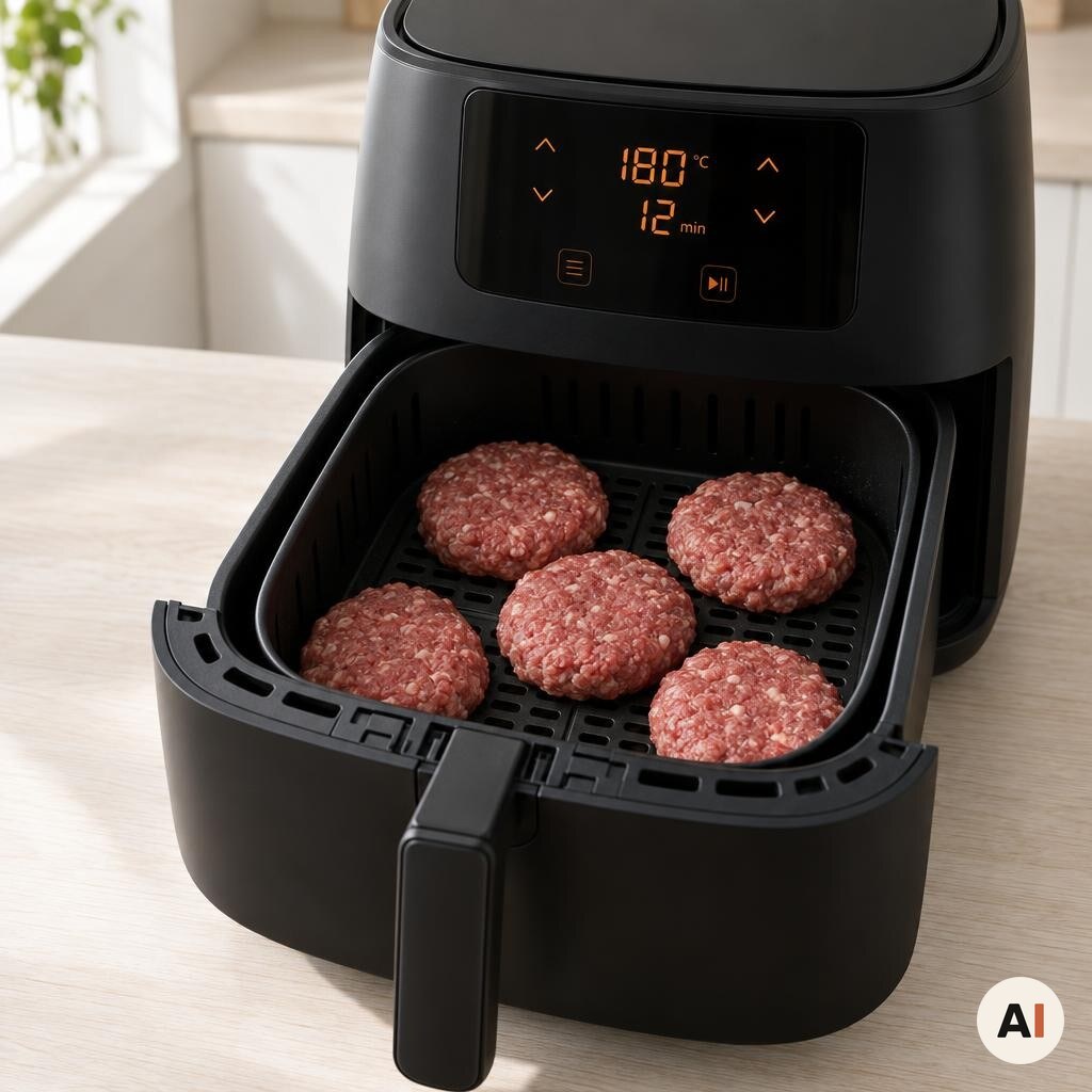 Rå hakkebøffer placeres i min airfryer til stegning