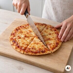 En færdig tortilla-pizza skæres i mindre stykker på et skærebræt.