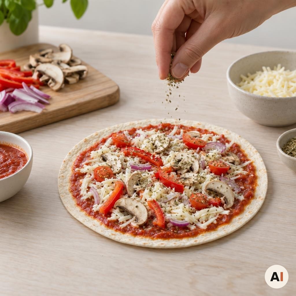 Mozzarella, valgte toppings og oregano drysses på en tortilla.
