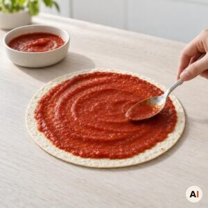 Tomatsauce fordeles på en tortilla med en lille kant fri.