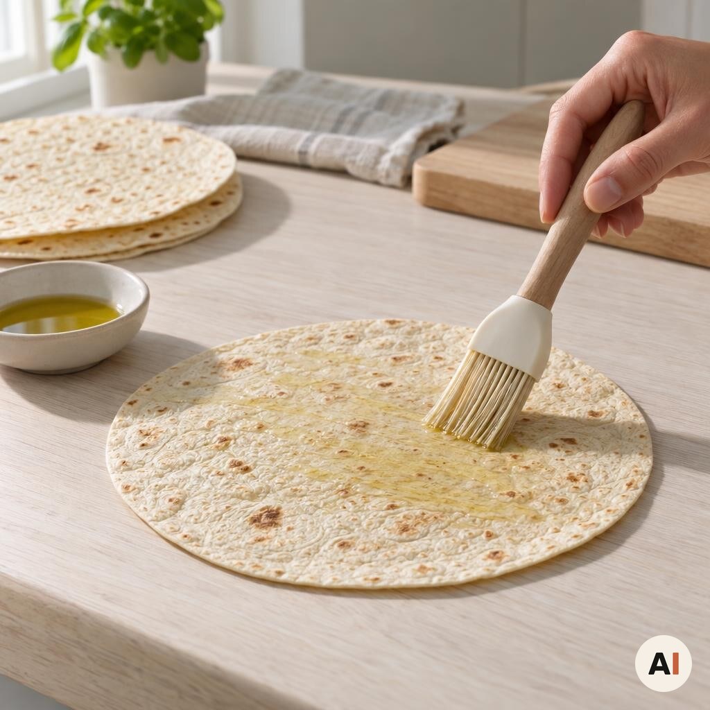 En tortilla pensles med lidt olivenolie på bordpladen.