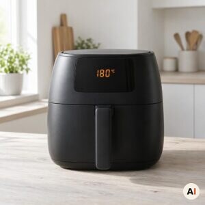 En sort airfryer forvarmes til 180 grader i mit airfryer-køkken.