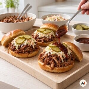 Burgerboller samles med pulled pork, coleslaw, syltede agurker og BBQ-sauce fra min airfryer-opskrift