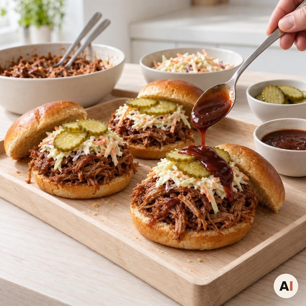 Burgerboller samles med pulled pork, coleslaw, syltede agurker og BBQ-sauce fra min airfryer-opskrift