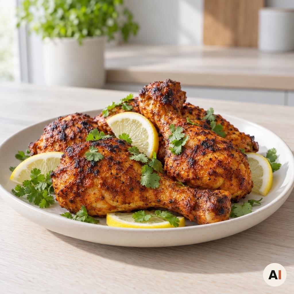 Færdig tandoori-kylling serveret med koriander og citronskiver