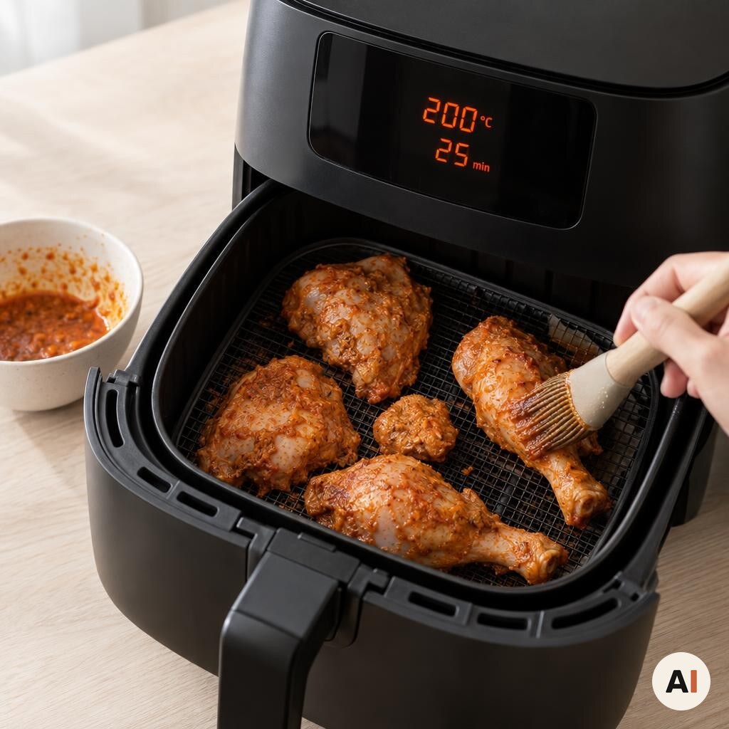 Kyllingen vendes og pensles med marinade i min airfryer